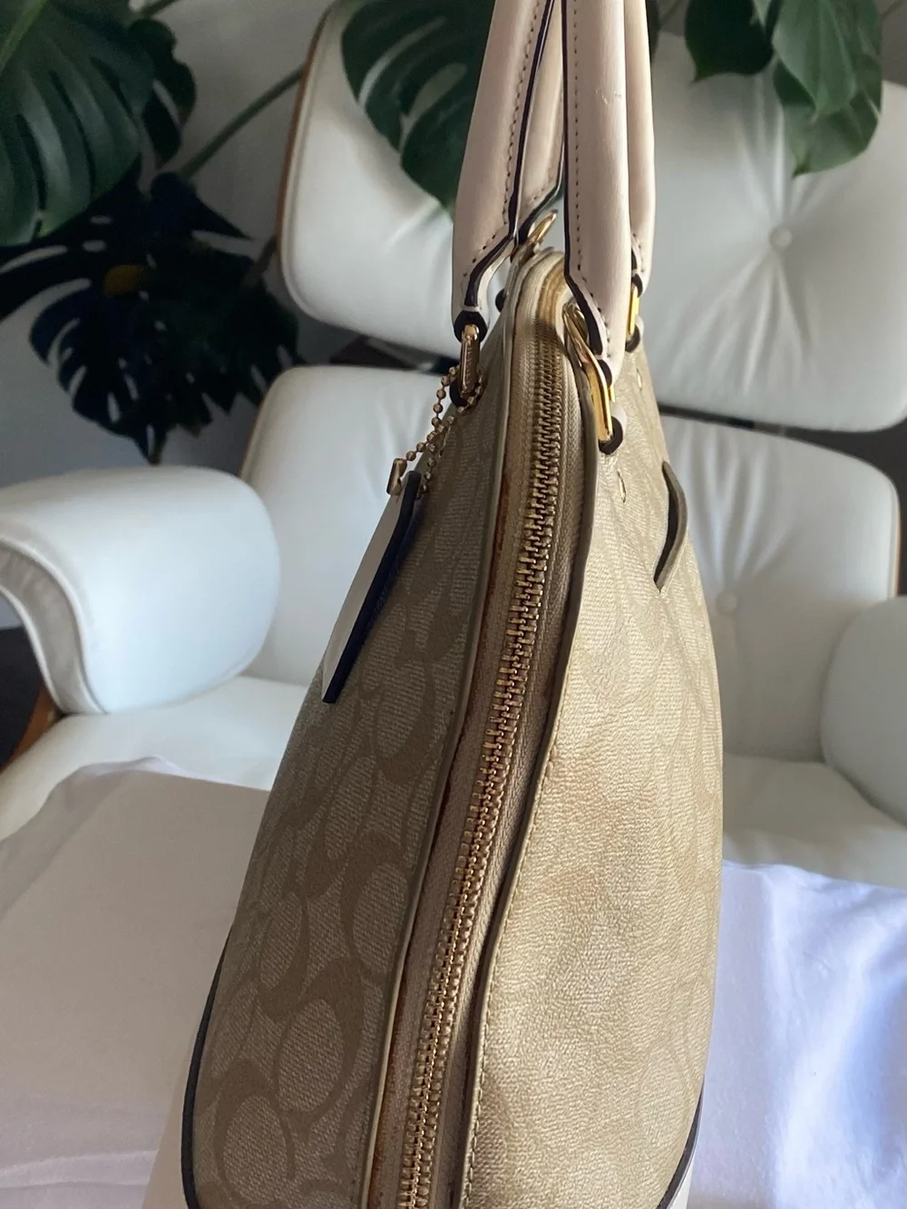 Coach Beige Signature Dome Satchel with Chalk Trim & matching wallet